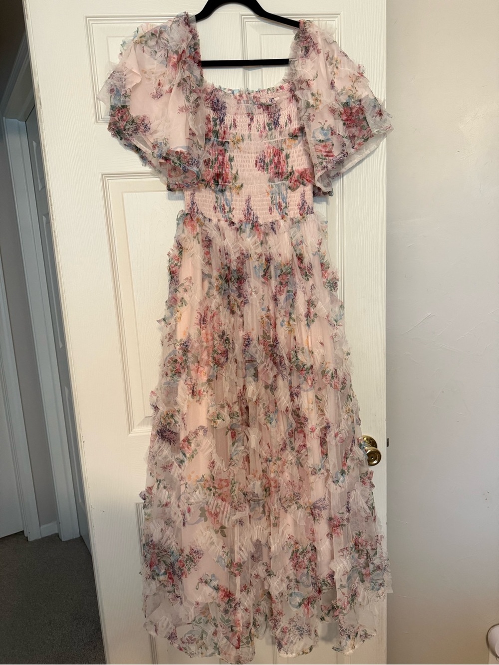 Ivy City Co Pink Floral Ruffle Maxi Dress with Puff Sleeves